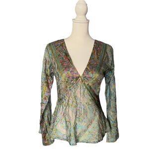 Natura Green Fairycore Paisley Baby Doll Flare Sleeve Top Size Large NWT